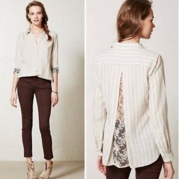 🔥🔥🔥Anthropologie Isabella Sinclair Button Down Lace Inset Split Back Top L - Picture 2 of 10